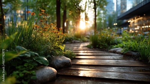 Fototapeta Naklejka Na Ścianę i Meble -  This beautiful garden pathway, illuminated by warm sunlight, invites you to take a peaceful stroll among vibrant flowers and natural textures, promoting tranquility and harmony.