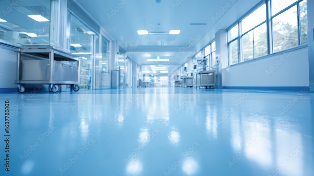 Obraz premium Hospital Interior with Shiny Floors, Sterile Environment, and Medical Equipment Ready for Healthcare Services