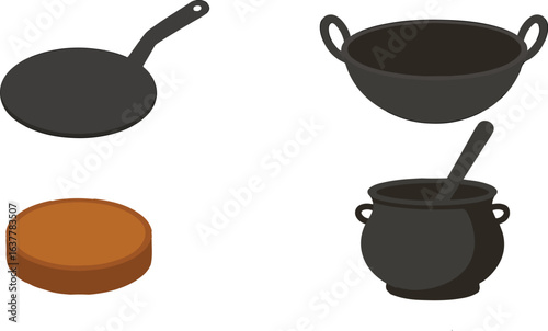 Vector Set of Cooking Utensils Tawa, Kadai, and Handi