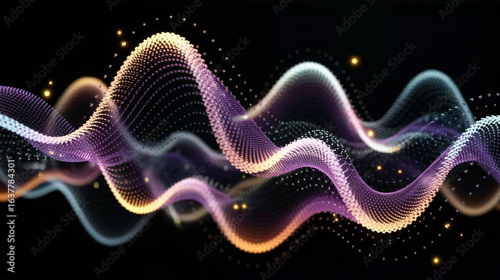 Fototapeta premium Flowing purple and white energy waves with sparkles on black background abstract light