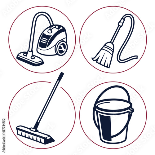 Cleaning tools and equipment for housekeeping isolated on white background