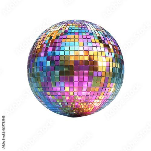 Sparkling disco ball reflecting colorful lights in a vibrant celebration isolated on transparent background