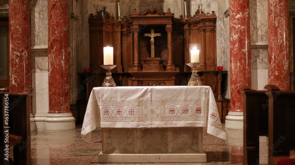 Naklejka premium Serene Interior of a Church Altar with Lit Candles and Ornate Wooden Cross