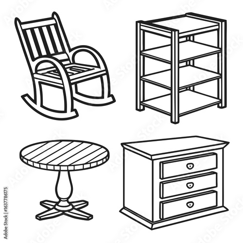 Rocking chair, shelf, table and nightstand isolated on white background