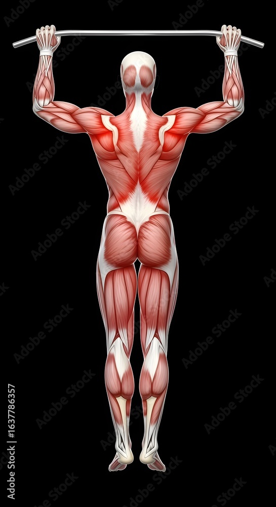 Obraz premium Anatomical Figure Performing Pull-up Exercise Displaying Muscle Structure