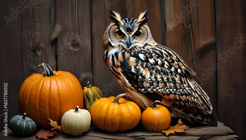 Owl among pumpkins rustic setting wildlife photography autumn atmosphere close-up nature's beauty