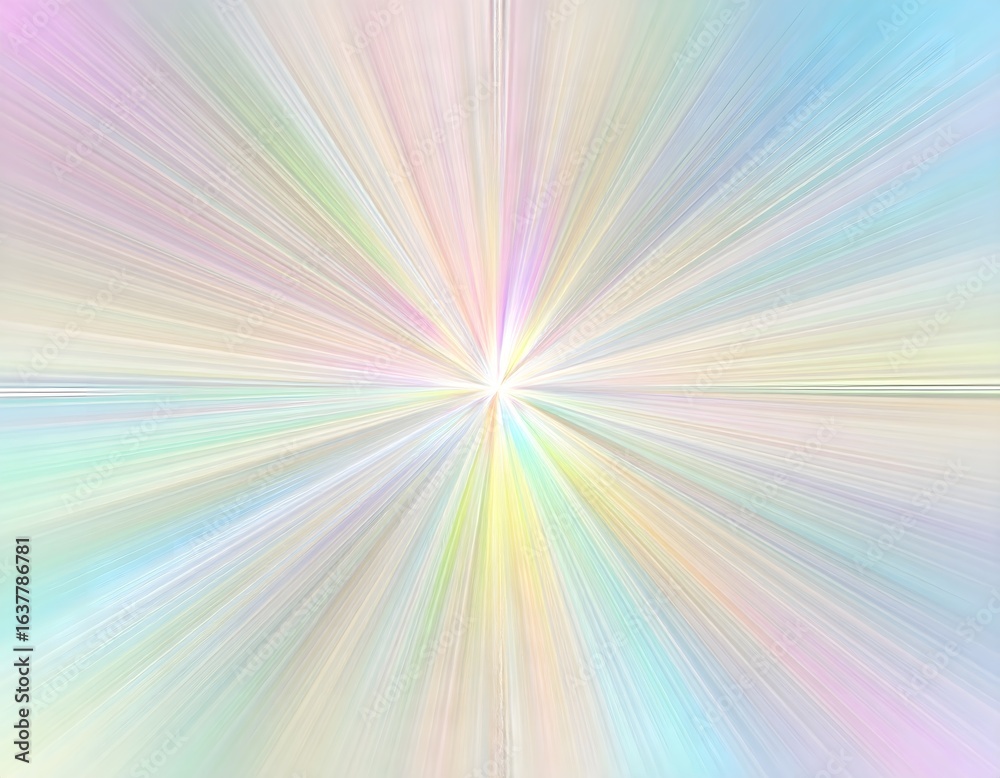 Obraz premium A very soft, multicolored starburst with subtle, pastel light rays in shades of pink, yellow, blue, and green radiating from a central point.