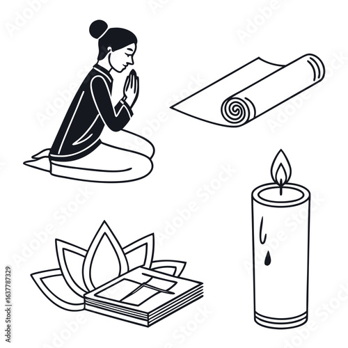 Yoga and meditation elements including a woman praying and a candle isolated on white background