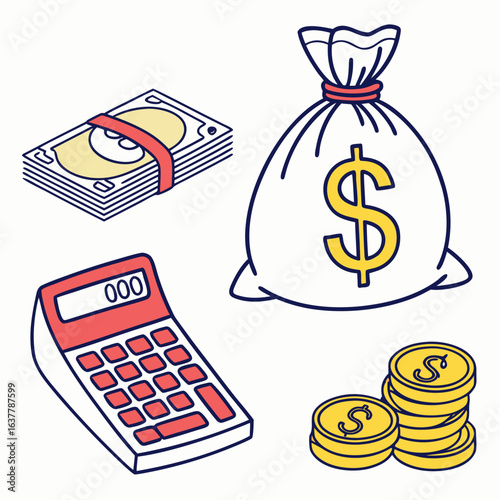 Money, calculator, and a bag of dollars isolated on white background