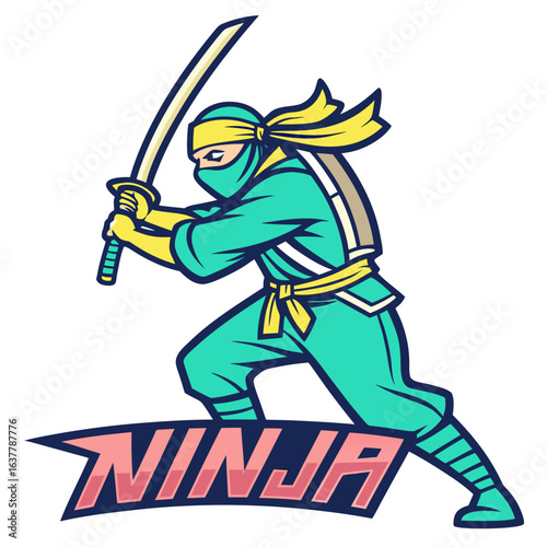 Cartoon Ninja in Green Outfit with Sword and “NINJA” Text Logo