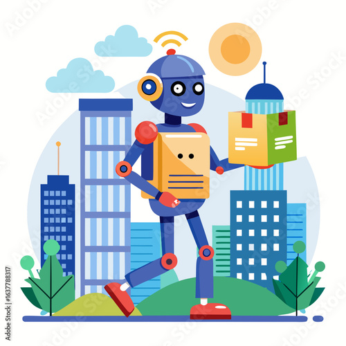 A robot is delivering a package in a city with modern buildings and trees