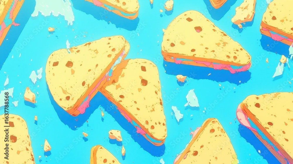 Colorful cheese slices scattered against a bright blue background, playful food theme perfect for culinary designs or fun promotions. Colorful cheese slices scattered against a bright blue background, playful food theme perfect for culinary designs or fun promotions.