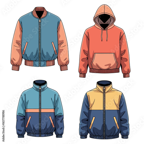 Assortment of casual urban jackets. Colorful streetwear hoodie, bomber, and windbreaker apparel illustration set.