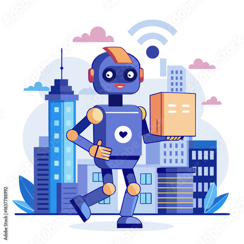 Robot delivering package in the city isolated on white background