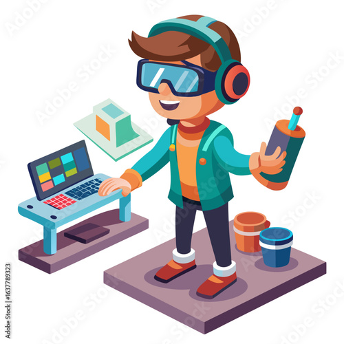 Cartoon man with vr headset creating virtual world isolated on white background