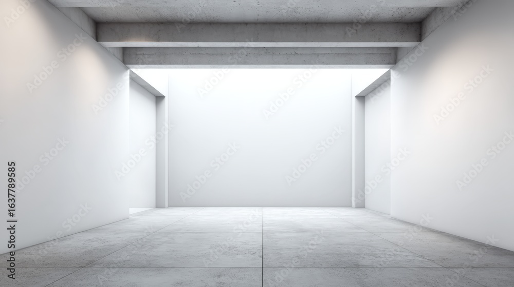 Fototapeta premium Minimalist Architecture: Empty White Hallway with Concrete Floor and Light, Ideal for Modern Design Concepts