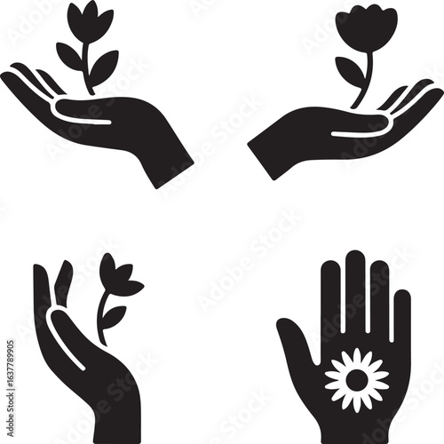 care, nature, growth, gentle, environment, protection, hope, life, giving, kindness, support, human, hand, icon, set, vector