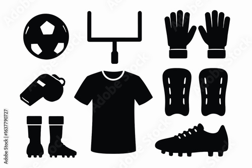Solid black silhouettes of football equipment: football ball, goalpost, goalkeeper gloves, referee whistle, jersey, shin guards, and boots. 10-piece set on a white background, simple and clear.