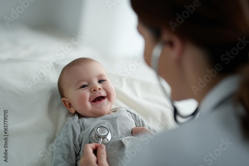 Doctor is smiling while examining infant with stethoscope, creating warm and caring atmosphere. baby appears happy and comfortable during check up