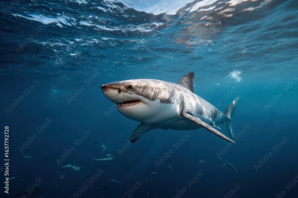Naklejka premium White shark swimming gracefully in deep blue sea, showcasing its powerful presence and sleek body. sunlight filters through water, creating serene underwater atmosphere