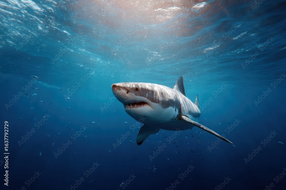 Fototapeta premium White shark swimming gracefully in deep blue sea, showcasing its powerful presence and sharp features, surrounded by small fish in vibrant underwater environment