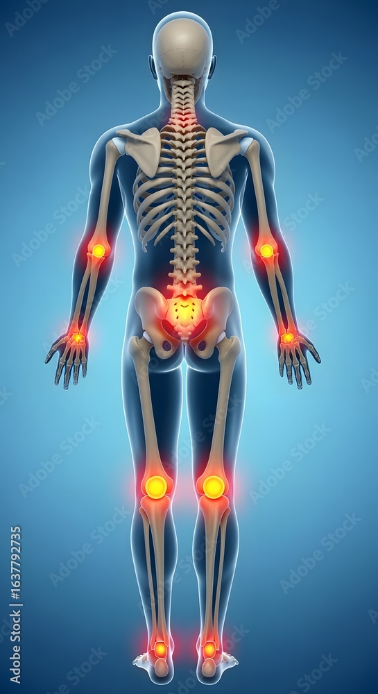Obraz premium Human Skeleton Back View with Red Joint Pain on Blue Background