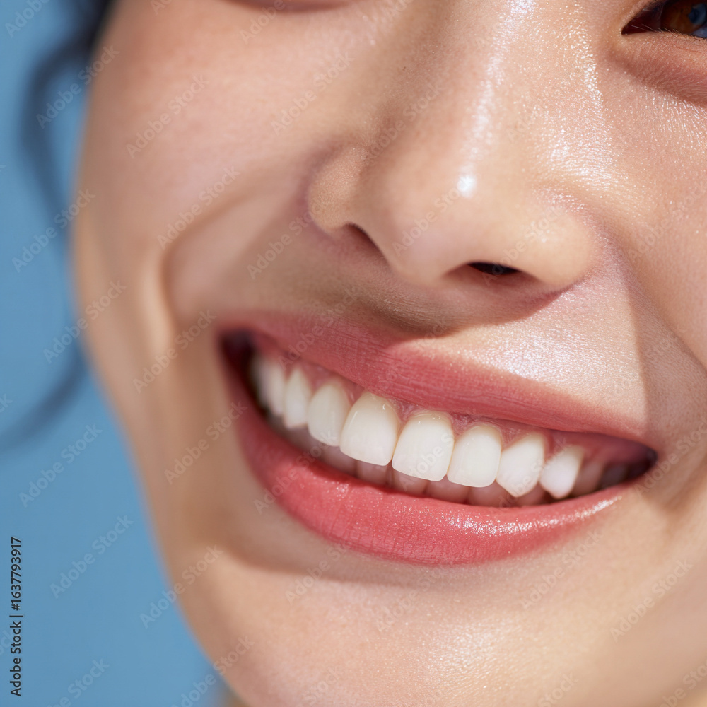 Fototapeta premium 笑顔できらめく綺麗な肌と白い歯を見せる日本人女性美人モデルの接写写真。オーラルケア、スキンケア、コスメ広告用。