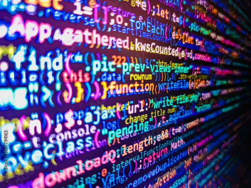 Vignette light and dark shadow dramatic effect. Programming Work Time. The flow of digital information strings. Developer occupation work photo. . PHP development, software site code. Creative Js HTML