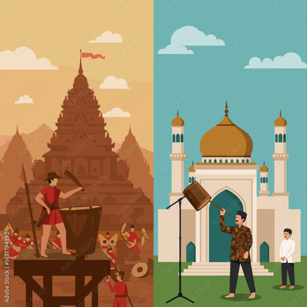 Fototapeta premium contrasts two cultural practices, with a person playing traditional