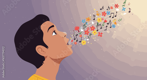 A man singing or speaking creatively, with colorful flowers and musical notes flowing from his mouth, symbolizing art and expression.