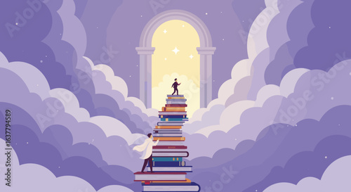  A person climbs a staircase made of books, symbolizing personal growth, education, and striving for knowledge.