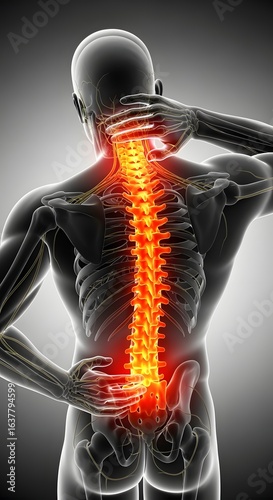 Figure Holding Sore Neck and Back with Glowing Red Spine