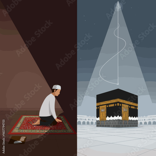 A person is shown praying on a mat, with the Kaaba in Mecca illuminated in the background, highlighting the spiritual journey of a Muslim.