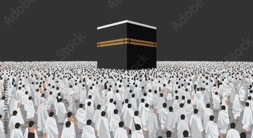  A vast crowd of people dressed in white is shown performing Hajj around the Kaaba, symbolizing unity and devotion in Islam.