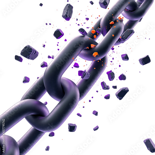 Abstract digital chain breaking apart with purple fragments