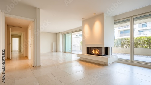 Wallpaper Mural Bright, Open-Concept Living Room with Fireplace and Balcony in Modern Home Interior Design Torontodigital.ca