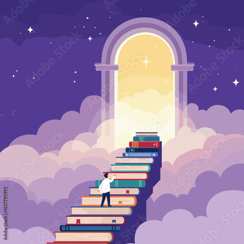  A person climbs a staircase made of books, symbolizing personal growth, education, and striving for knowledge.