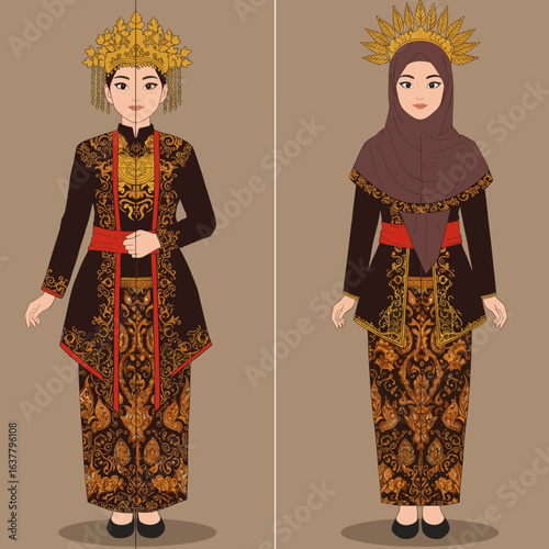 traditional Indonesian attire, one wearing a crown and the other in modest clothing with a hijab, symbolizing cultural diversity.