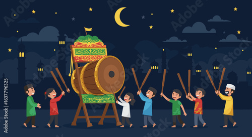 A joyful group of people playing a large traditional drum during a night celebration near a mosque under a crescent moon and stars.