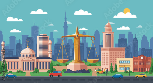 A detailed city illustration showing a courthouse, a mosque, and various modern and classical buildings, with people and cars on the street.