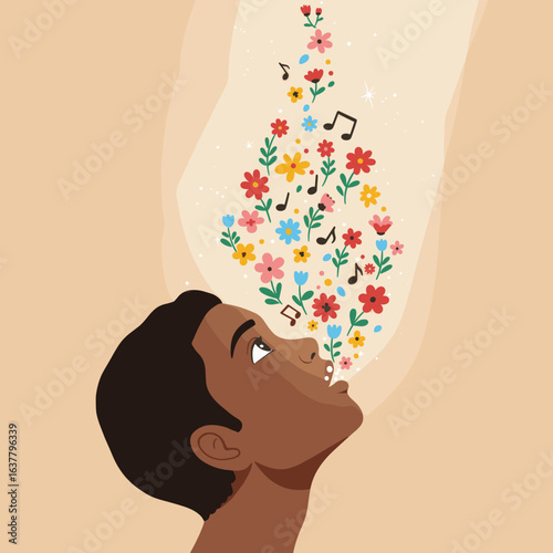 A man singing or speaking creatively, with colorful flowers and musical notes flowing from his mouth, symbolizing art and expression.