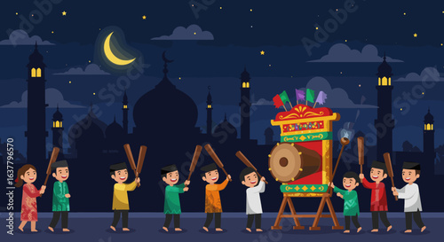A joyful group of people playing a large traditional drum during a night celebration near a mosque under a crescent moon and stars.