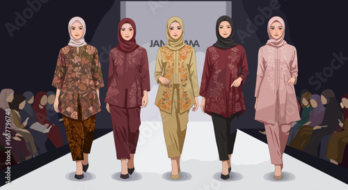 The image shows two women in traditional Indonesian attire, one wearing a crown and the other in modest clothing with a hijab, symbolizing cultural diversity.