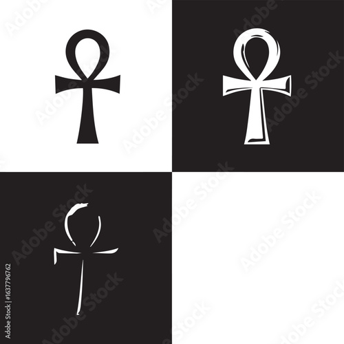 Black and white illustration of four ankh symbols in contrasting quadrants, representing life through ancient Egyptian iconography