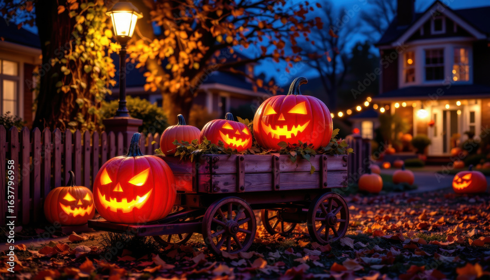 Obraz premium Spooky Halloween pumpkins glow warmly in charming neighborhood, creating festive atmosphere with autumn leaves scattered around. scene is inviting and captures essence of holiday spirit