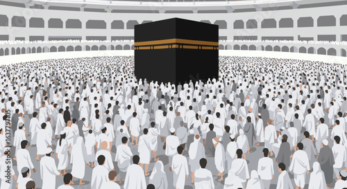 A vast crowd of people dressed in white is shown performing Hajj around the Kaaba, symbolizing unity and devotion in Islam.