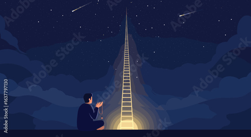 A man sits in prayer at night under a starry sky, with a glowing ladder leading upward, symbolizing a spiritual path to heaven.