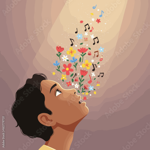 A man singing or speaking creatively, with colorful flowers and musical notes flowing from his mouth, symbolizing art and expression.