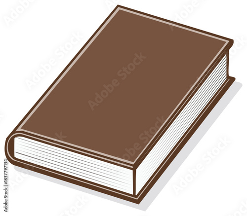 Illustration of a hardcover book with brown cover lying flat, showing book pages, for reading and education concepts