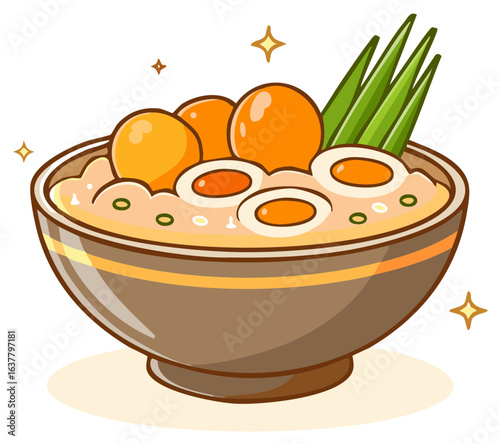 Cute cartoon bowl of delicious Asian rice porridge with soft boiled eggs and green onions